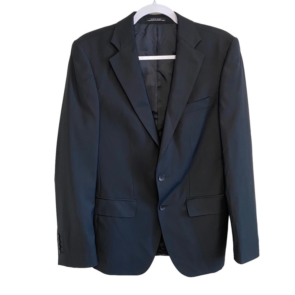 Zara Man - Slim Fit Suit Jacket - Black on Black Pin Stripe - Size US 36